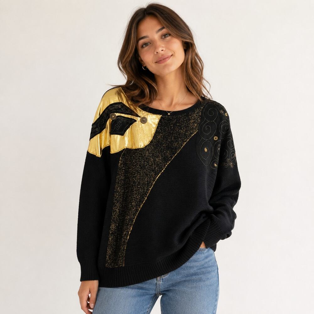 Alan Merchel Sweater Black Gold Large Womens Metallic Artsy Statement Knit